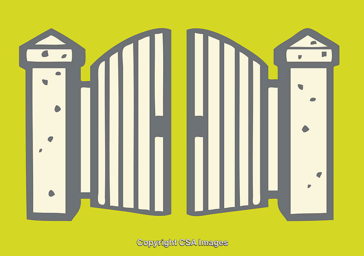 Stylized Line Art Illustration of an Open Gate on Lime Background
