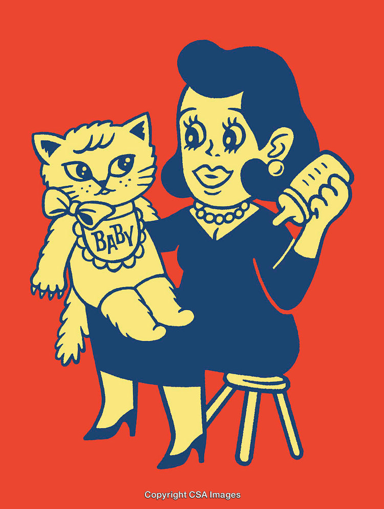 Retro Illustration of Woman Holding Cat in Baby Costume on Red Background