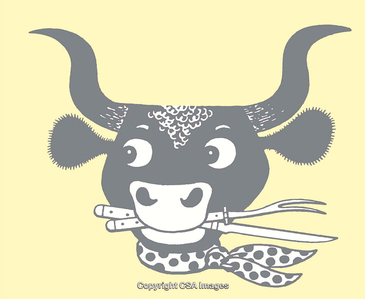 Playful Illustration of a Cartoon Bull with Utensils and Scarf
