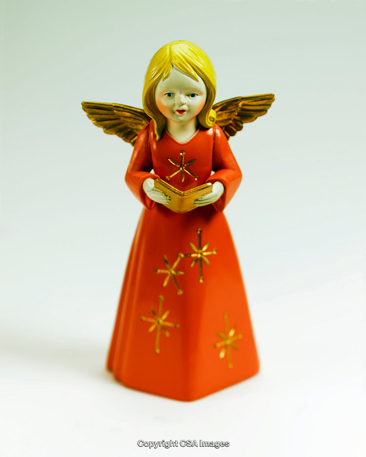 Decorative Angel Figurine in Orange with Golden Accents and Peaceful Expression
