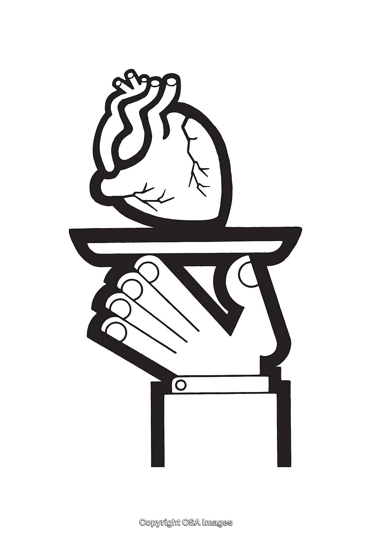 Black and White Illustration of a Heart on a Tray Held by a Hand