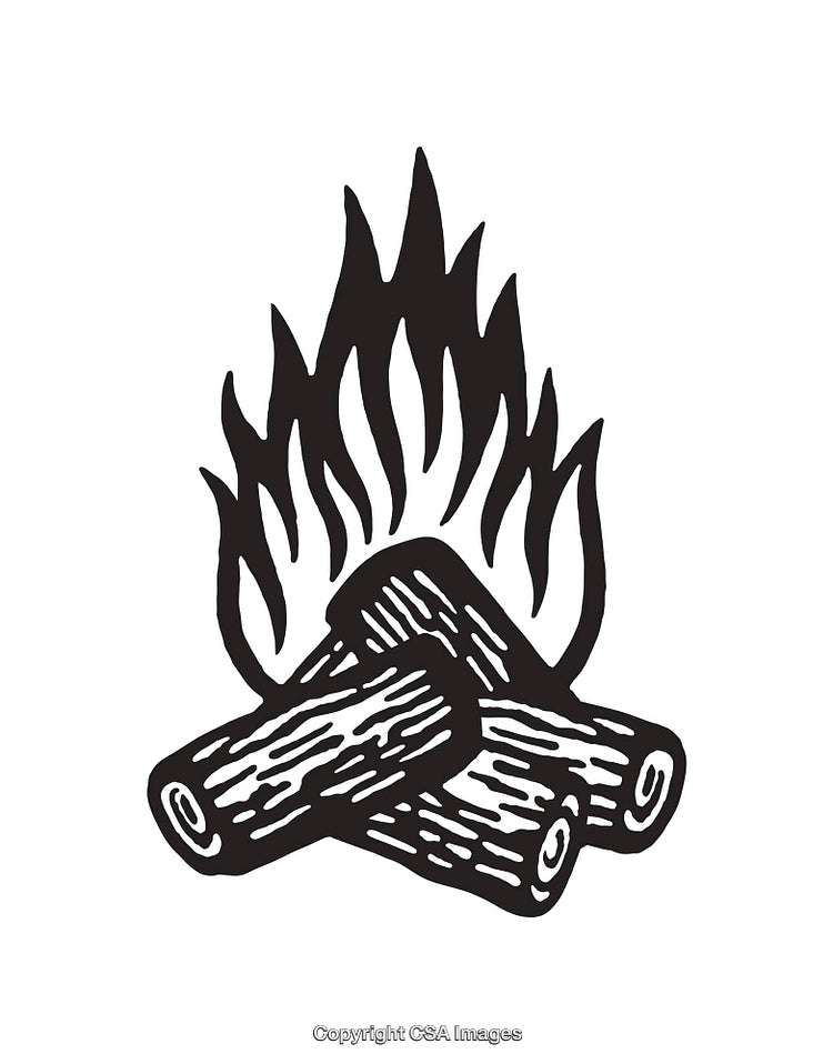 Black and White Line Art of a Simplified Campfire Design