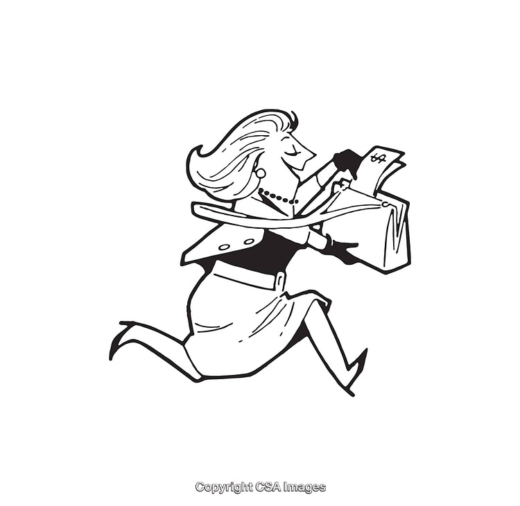 Retro Line Art of A Woman Rushing With Papers