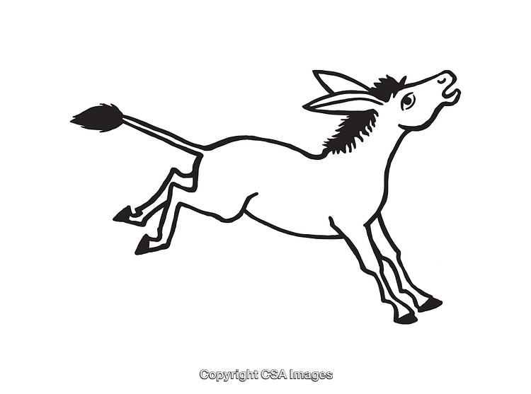 Black and White Line Drawing of a Playful Kicking Donkey