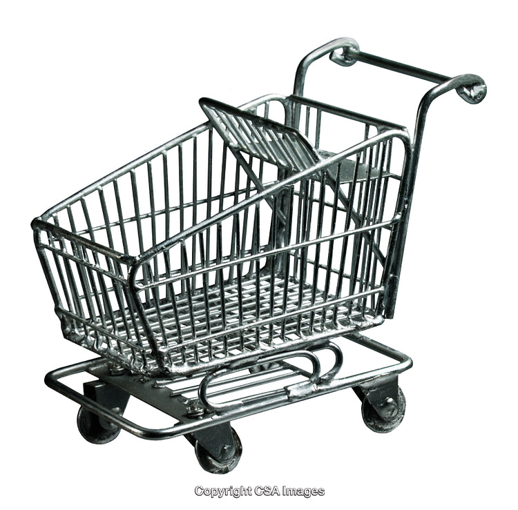 Miniature Shopping Cart Depicting Retail Concept Against White Background