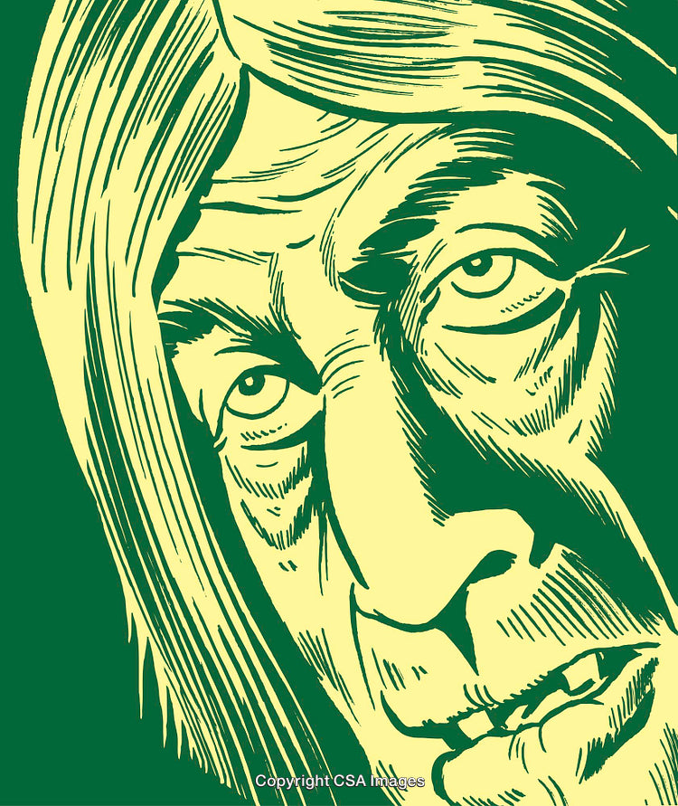 Illustrated Elderly Character With Expressive Features in Green Toned Artwork