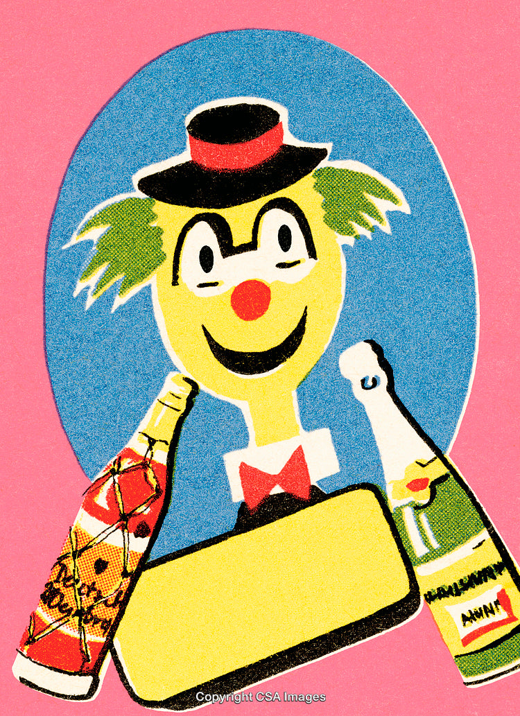 Illustrated Clown With Bottles on Pink Background, Cheerful and Vibrant Design