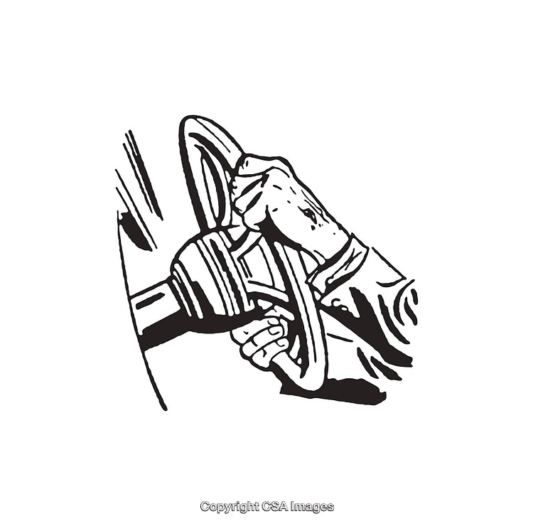 Black And White Illustration of a Hand on a Steering Wheel Close-Up