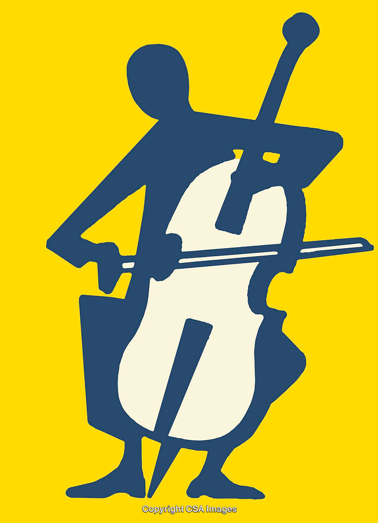 Graphic Illustration of Blue Cellist Silhouette on Yellow Background