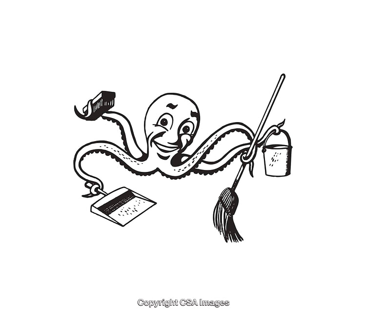 Vintage Octopus Cartoon Cleaning Tools Illustration in Black and White Line Art Style
