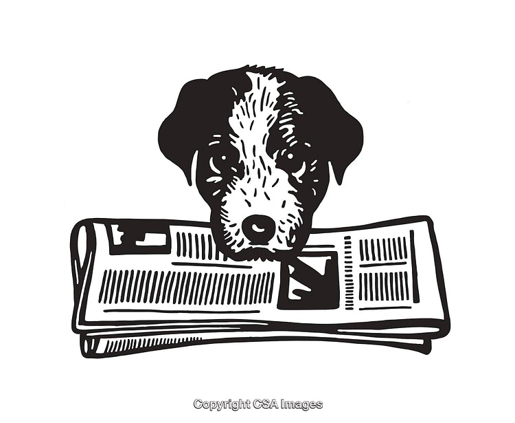 Black and White Illustration of a Dog Holding a Newspaper