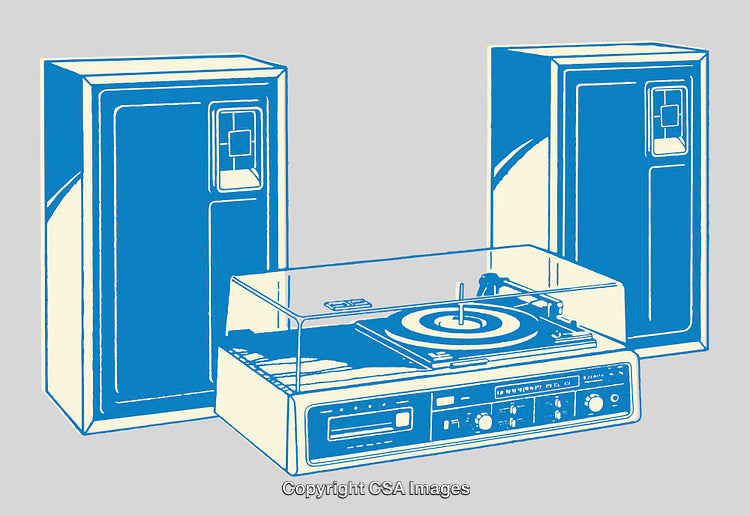 Retro Stereo System With Speakers in Stylish Color Line Art Illustration
