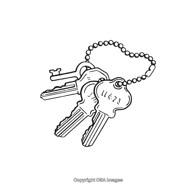 Black and White Line Art Illustration of a Keychain with Keys