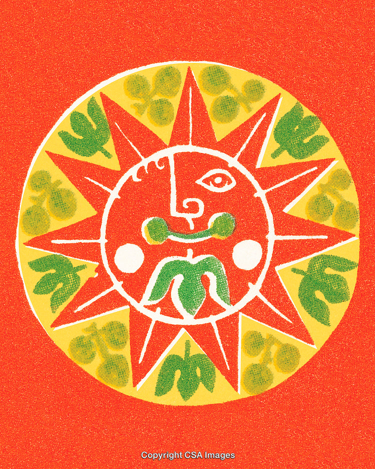 Vivid Sun Design with Leafy Motifs on Vibrant Red Background