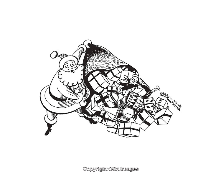 Santa Claus Carrying Huge Bag of Gifts and Toys in Line Art Style