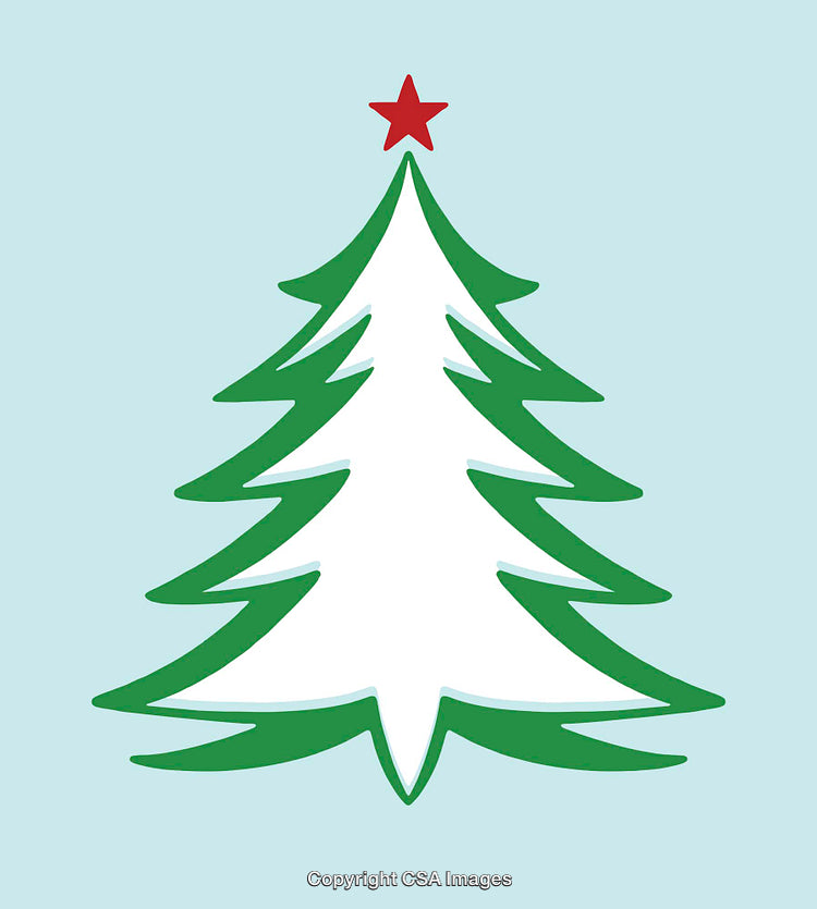 Christmas Tree Illustration with Red Star on Light Blue Background