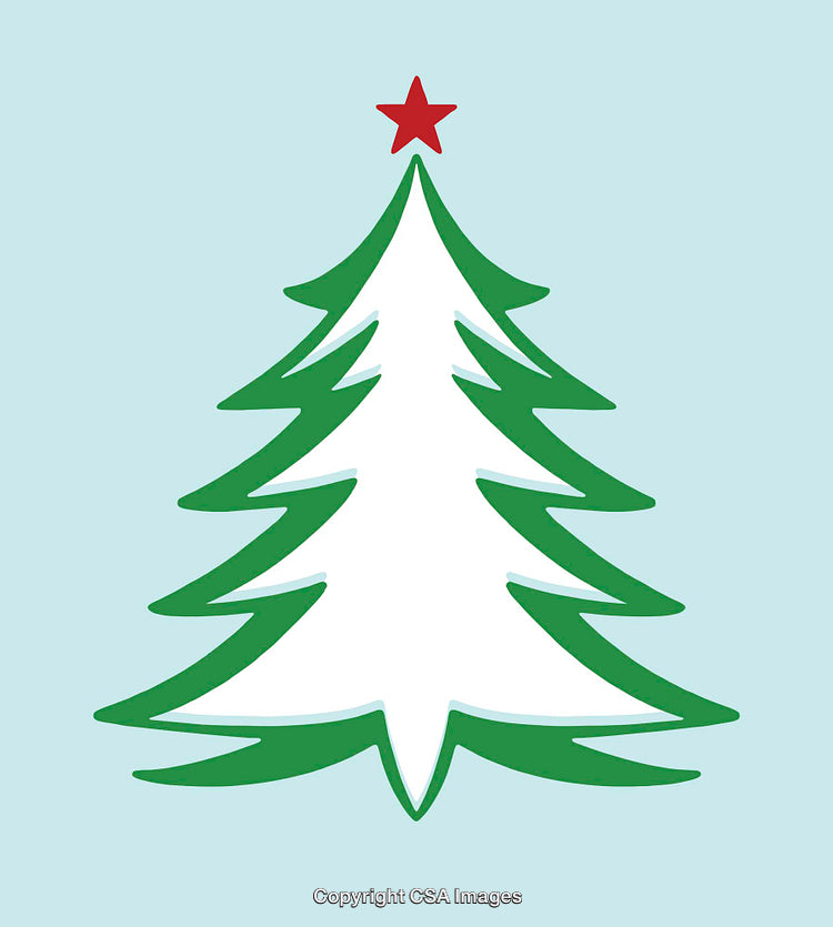 Christmas Tree Illustration with Red Star on Light Blue Background