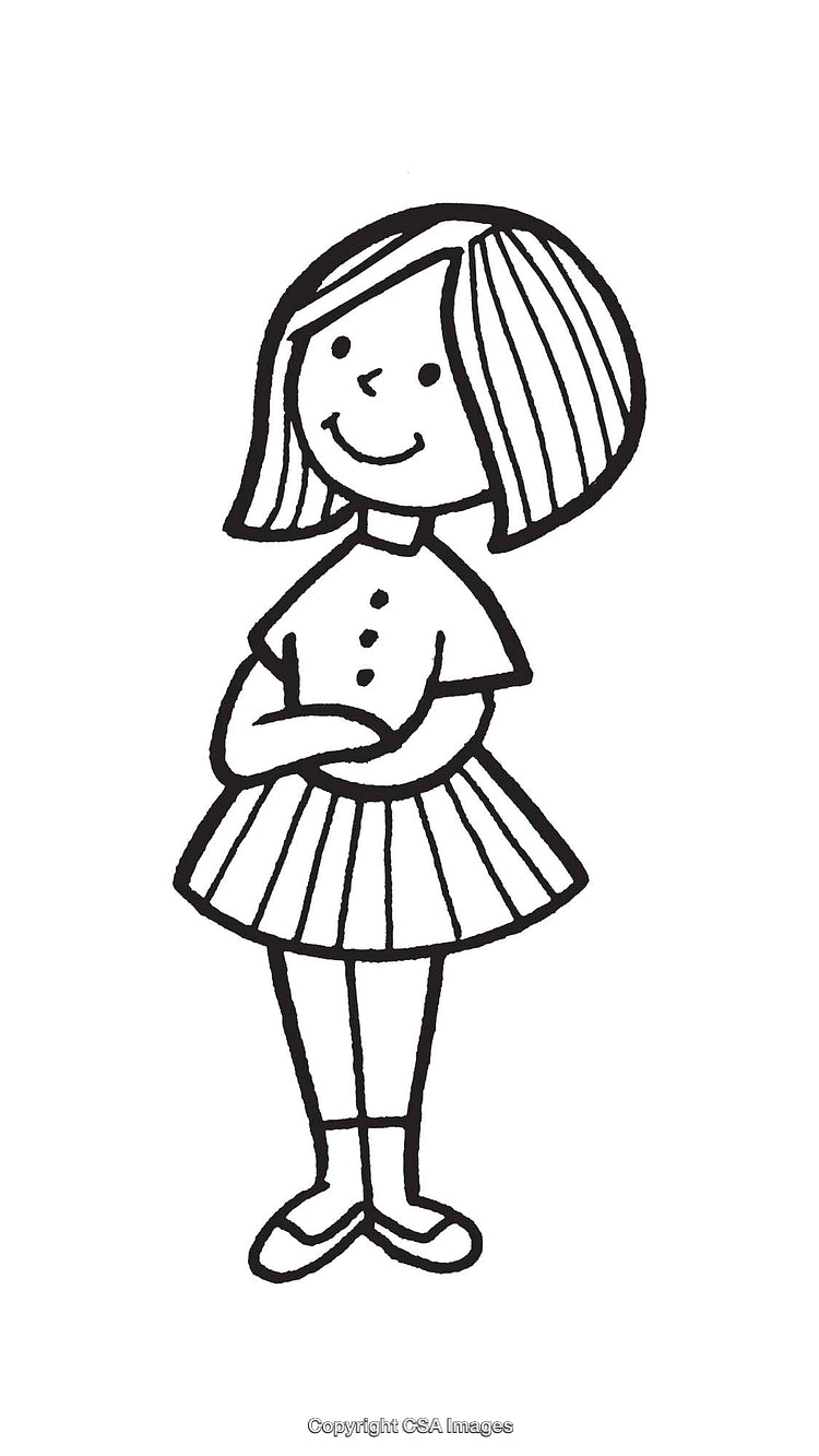 Simple Black And White Illustration of a Smiling Cartoon Girl Standing