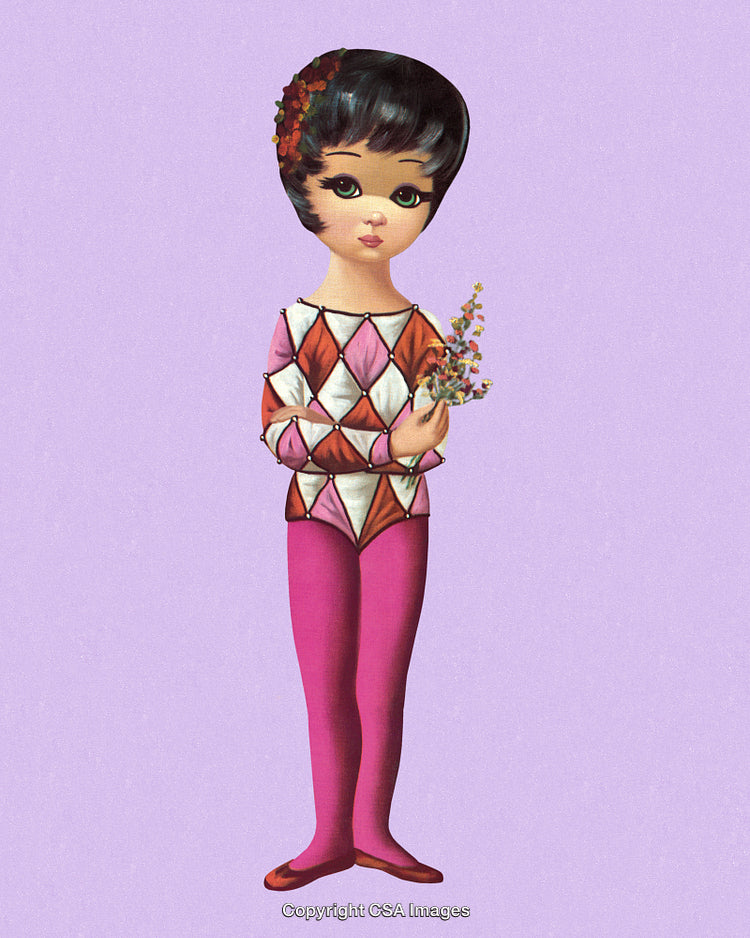 Vintage Illustration of a Harlequin Girl Holding Flowers on Purple Background