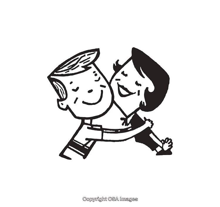 Vintage Black And White Line Art Illustration of Two Happy Friends Hugging