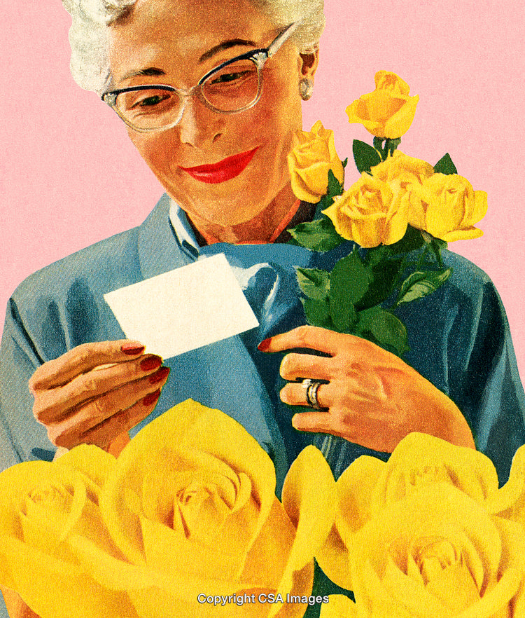 Smiling Woman Enjoying Yellow Roses and Reading a Thoughtful Note