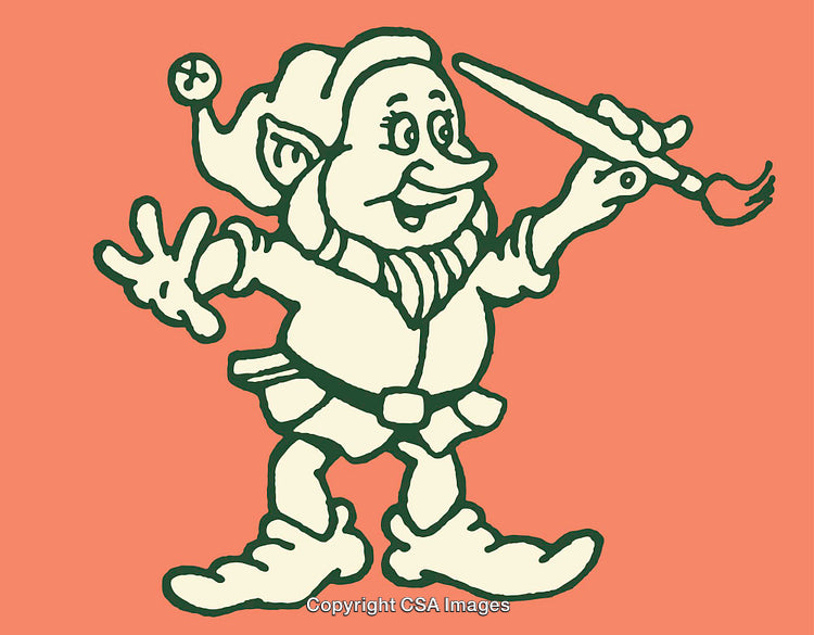 Festive Elf Holding Paintbrush in Colorful Cartoon Style Illustration
