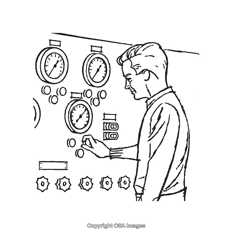 Engineer Monitoring Gauge Controls in Black and White Line Art Illustration