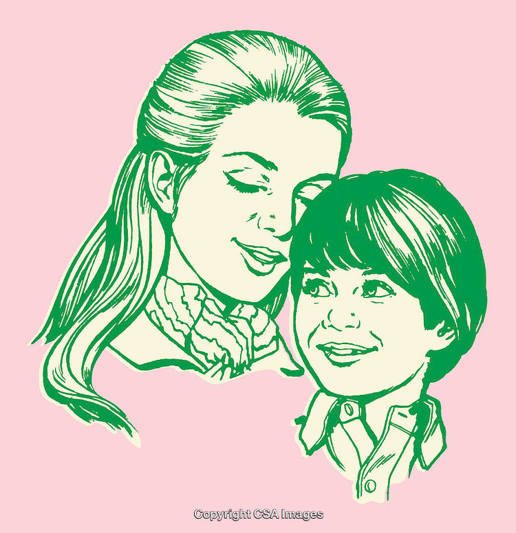 Color Line Art Illustration of a Mother and Child with Pink Background