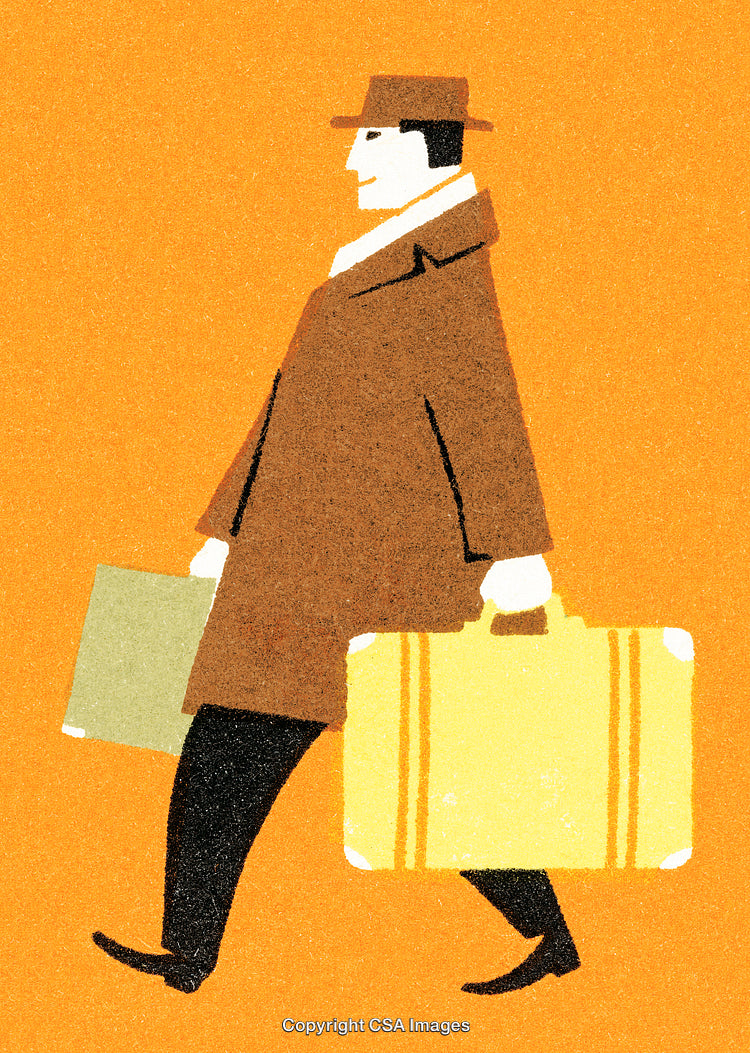 Retro Illustration of Man Walking with Suitcases in Autumn Colors