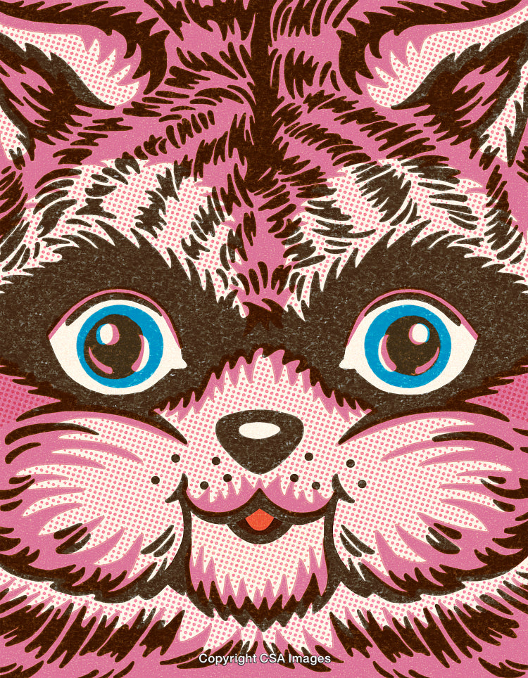 Brightly Colored Illustration of Smiling Cat with Playful Blue Eyes