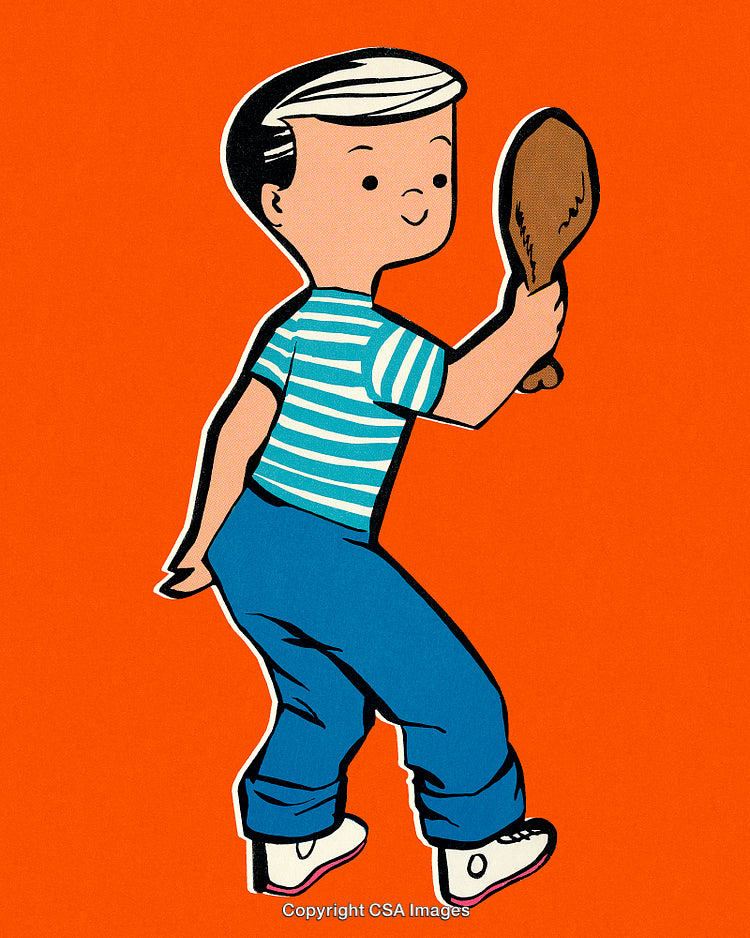 Retro Cartoon Illustration of a Playful Boy Holding a Chicken Drumstick