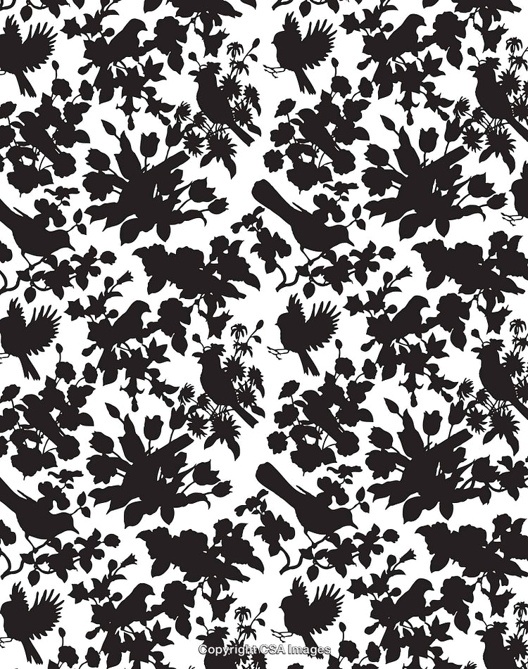 Black and White Floral and Bird Silhouette Pattern Design