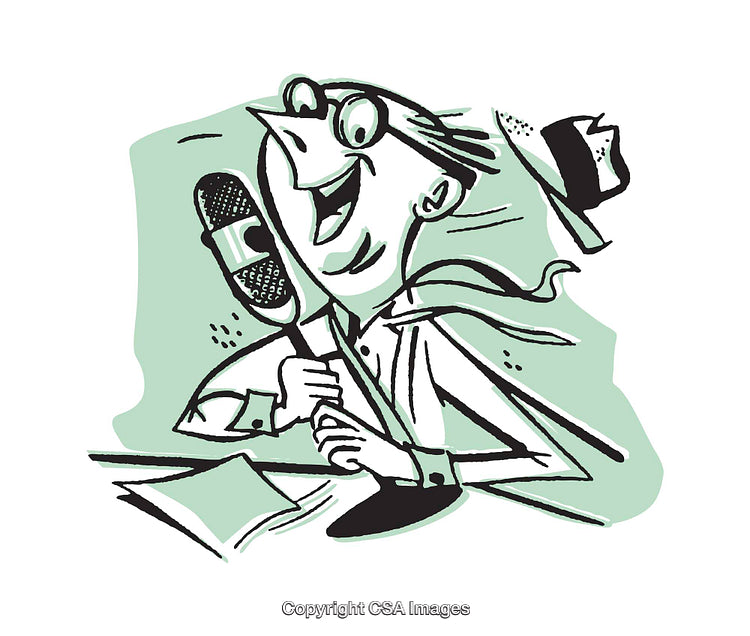 Retro Style Illustrated Announcer Speaking into Microphone with Expressive Energy