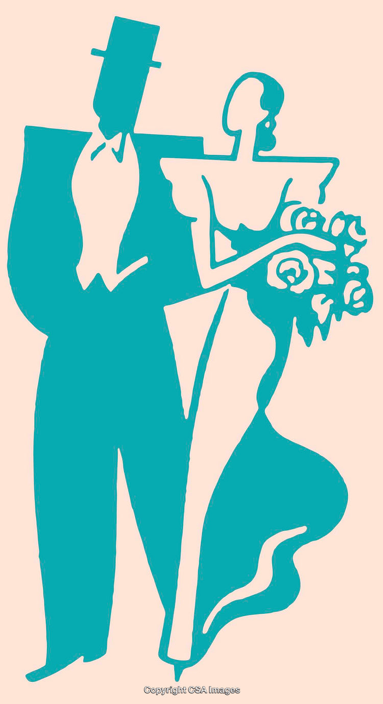 Stylized Illustration of a Formal Couple Holding Flowers on Pastel Background