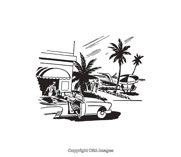 Vintage Line Art Illustration of Beachside Life with Classic Car and People