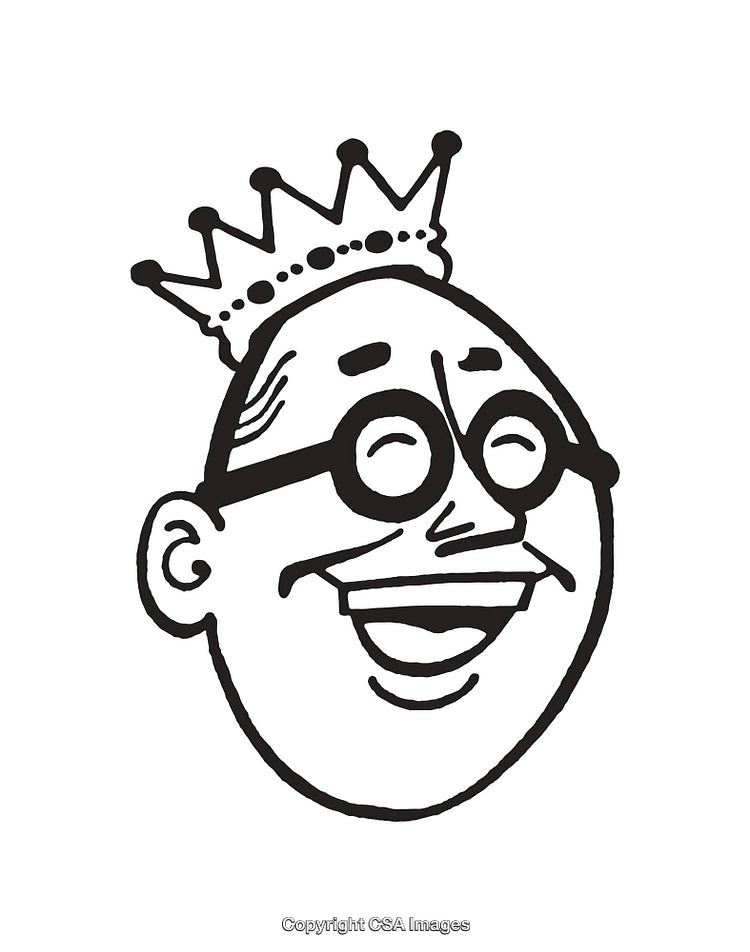Black and White Illustration of Smiling Character Wearing a Crown