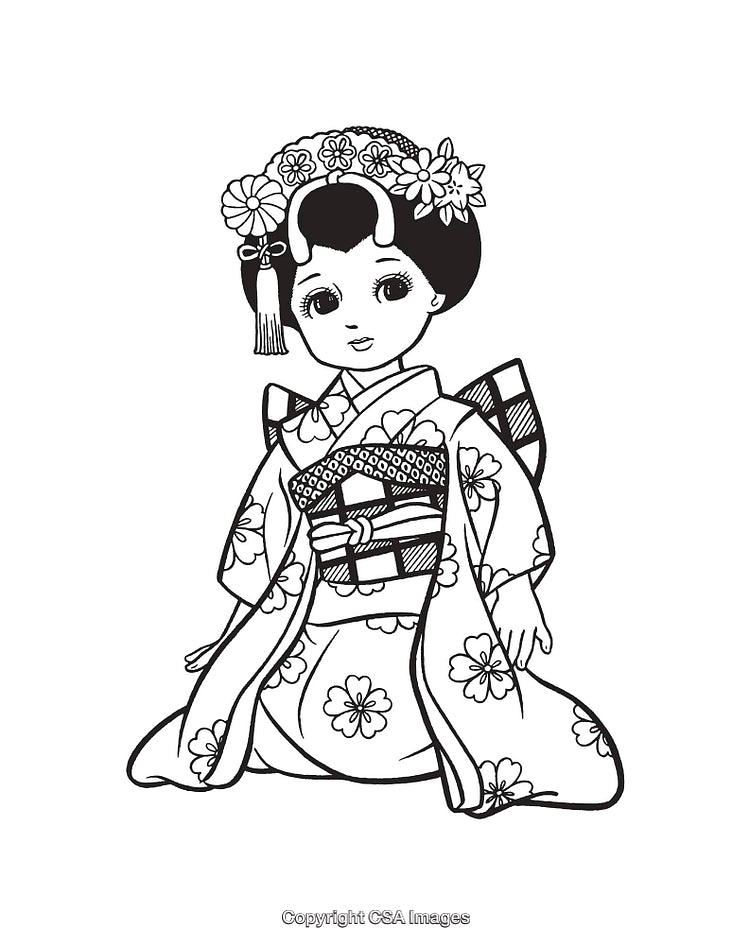 Traditional Japanese Girl In Kimono Line Art Illustration