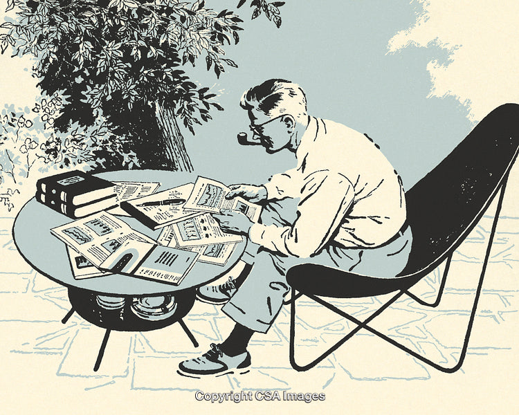 Vintage Illustration of a Man Reading Documents Outdoors at a Circular Table