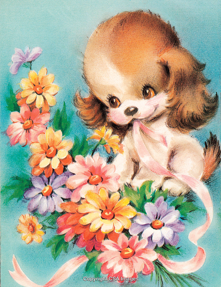 Cute Puppy with Colorful Flowers and Pink Ribbon on Bright Background