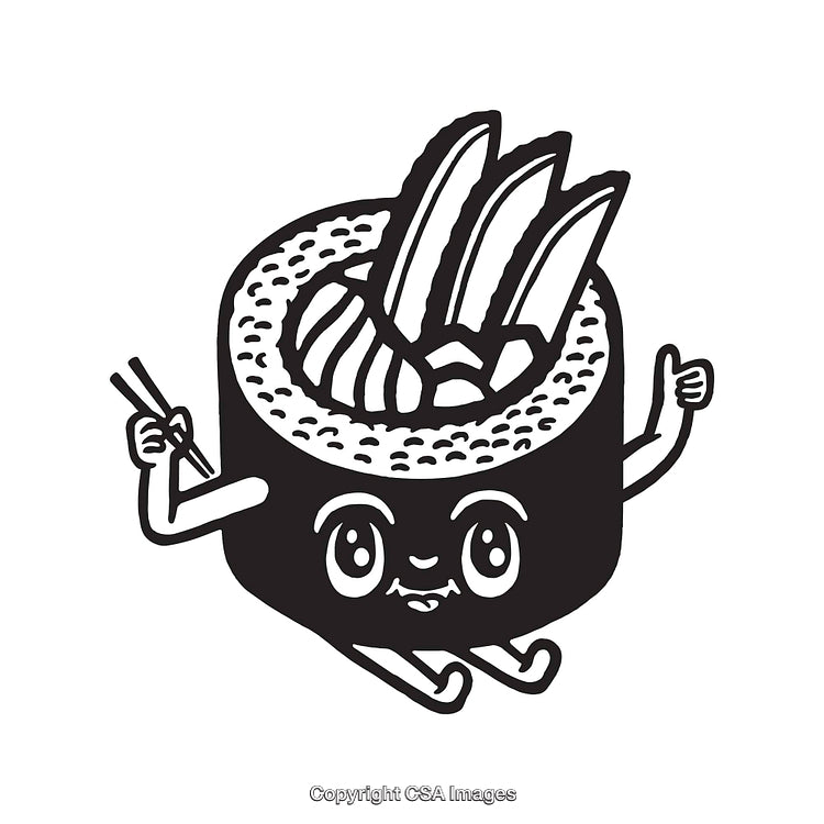 Cute Sushi Roll Cartoon Illustration with Expressive Eyes and Happy Pose