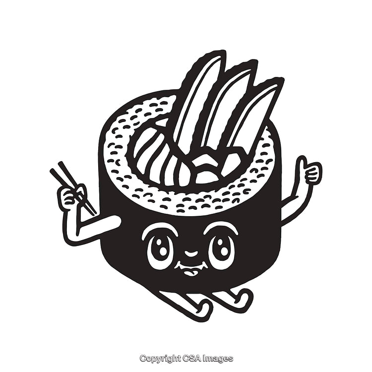 Cute Sushi Roll Cartoon Illustration with Expressive Eyes and Happy Pose