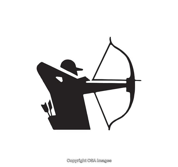 Silhouette of Archer Aiming Bow and Arrow in Black and White Design