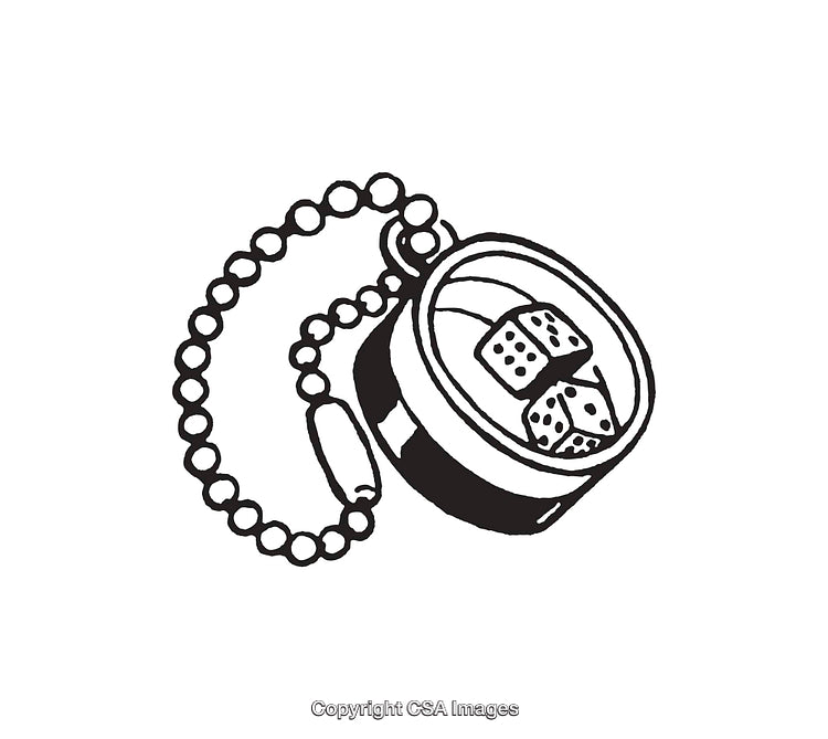 Black and White Line Art of a Keychain with Dice