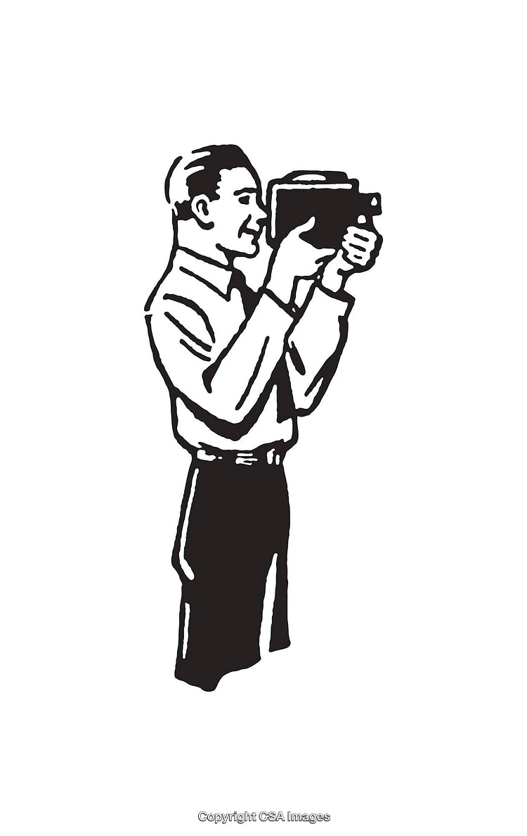 Black-And-White Illustration of a Man Filming with a Vintage Camera