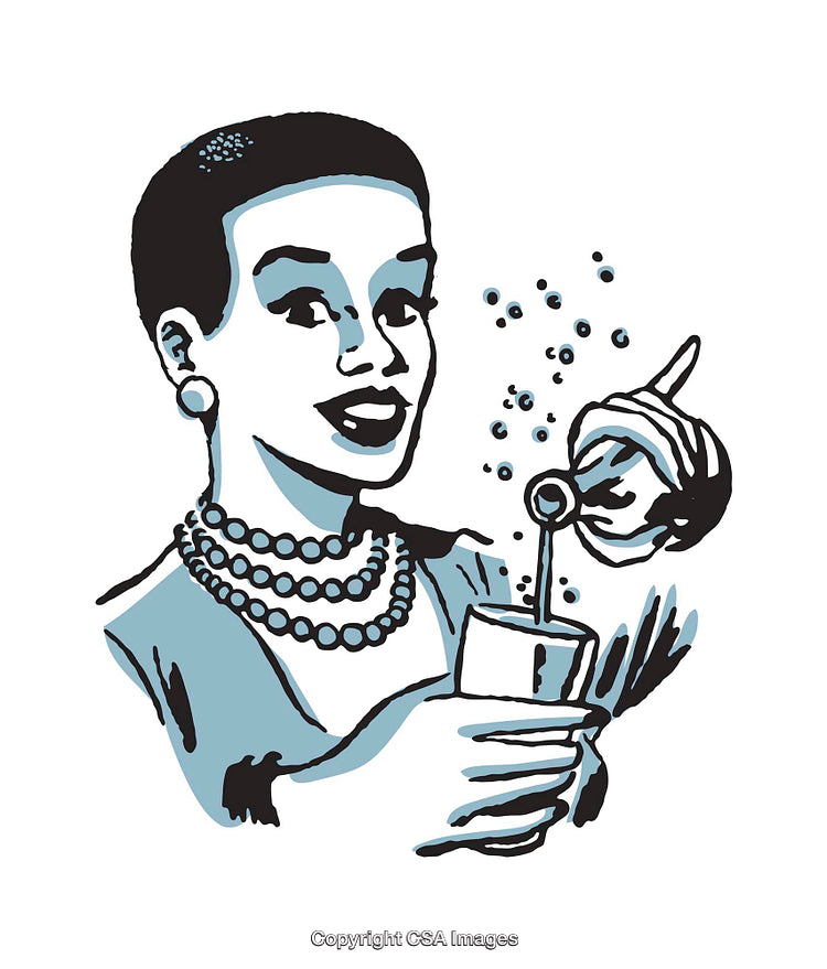 Vintage Style Illustration of a Pearls Wearing Woman Blowing Bubbles