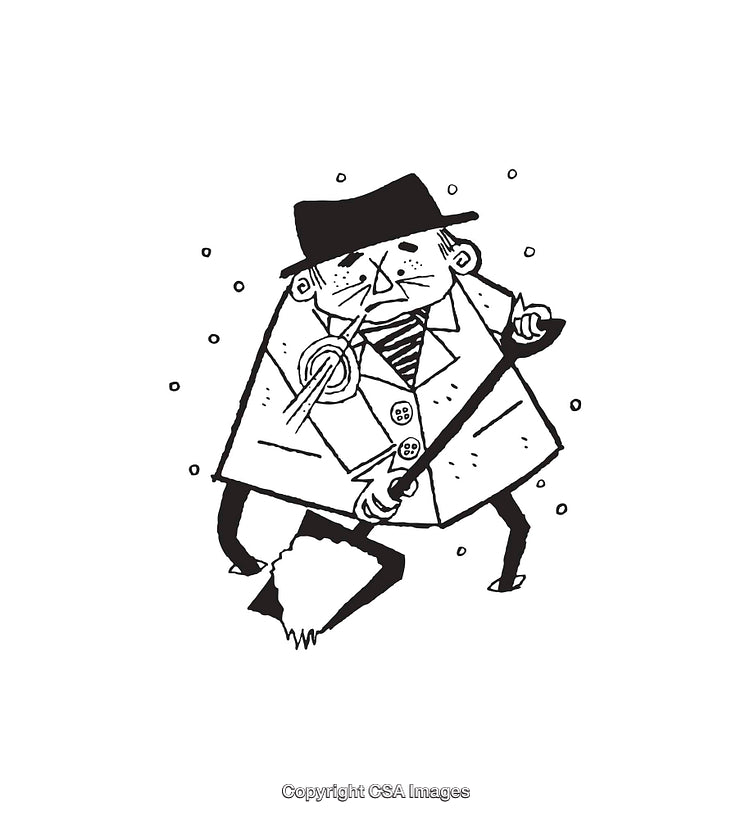 Black and White Illustration of Man Shoveling Snow with Determined Expression