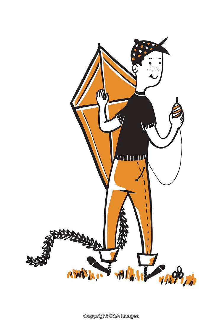 Playful Illustration of a Boy Holding Kite and Enjoying Outdoor Fun