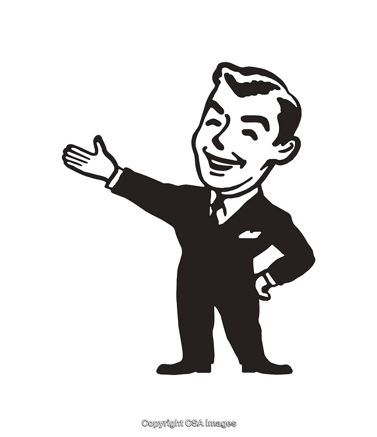 Retro Style Black and White Illustration of a Smiling Businessman Offering a Greeting
