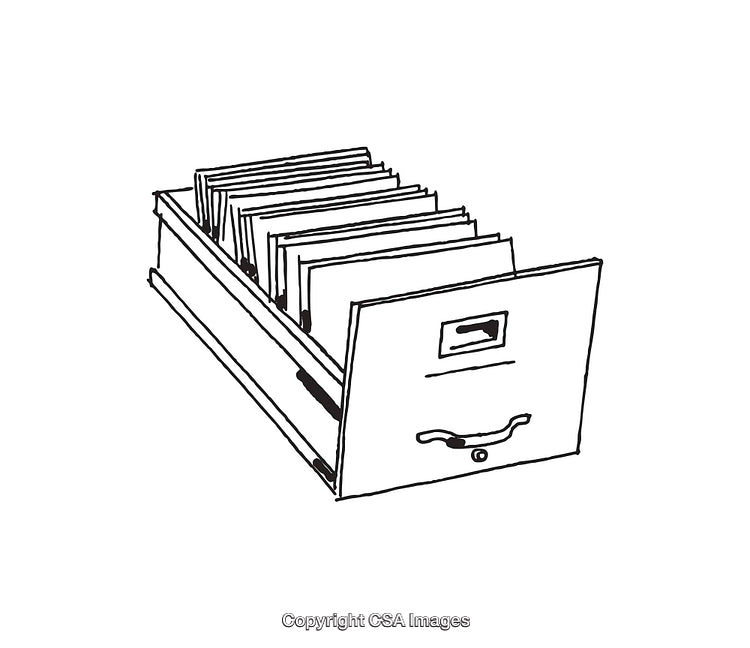 Black and White Line Art of Open File Drawer with Organized Folders