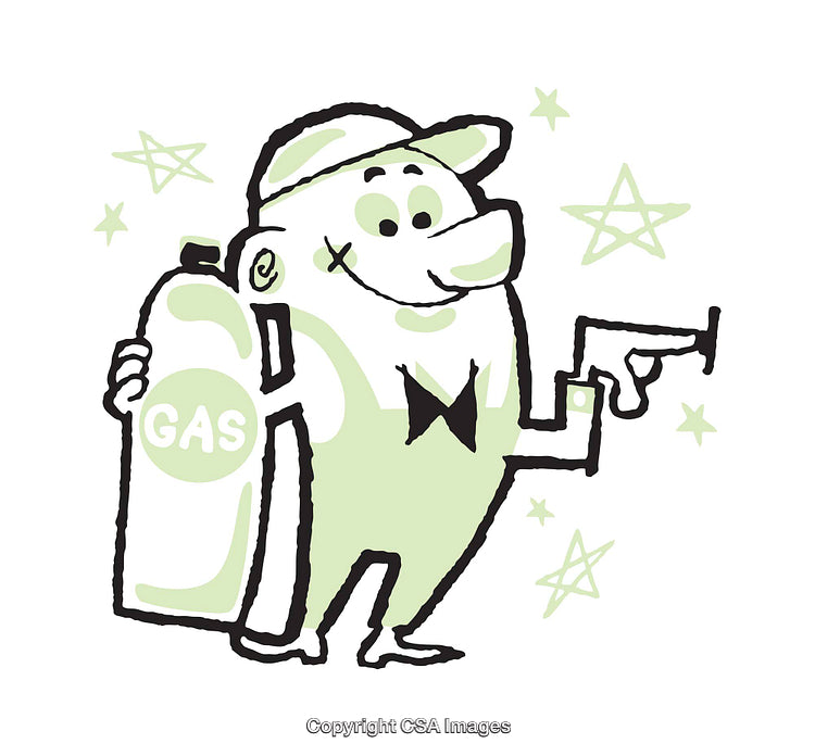 Playful Green Cartoon Character with Gas Tank and Cap Spirited Illustration